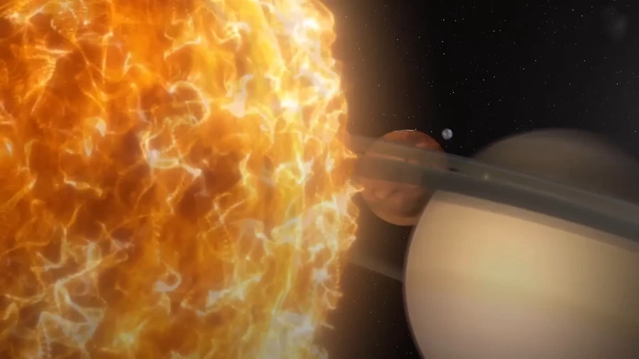 A giant, bright planet close to Saturn in space, with other planets in the background.