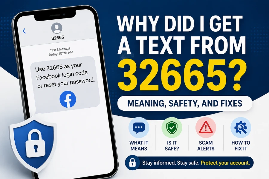 Smartphone Showing A 32665 Text Message With Security Icons Explaining Facebook Verification Texts And Scam Risks.